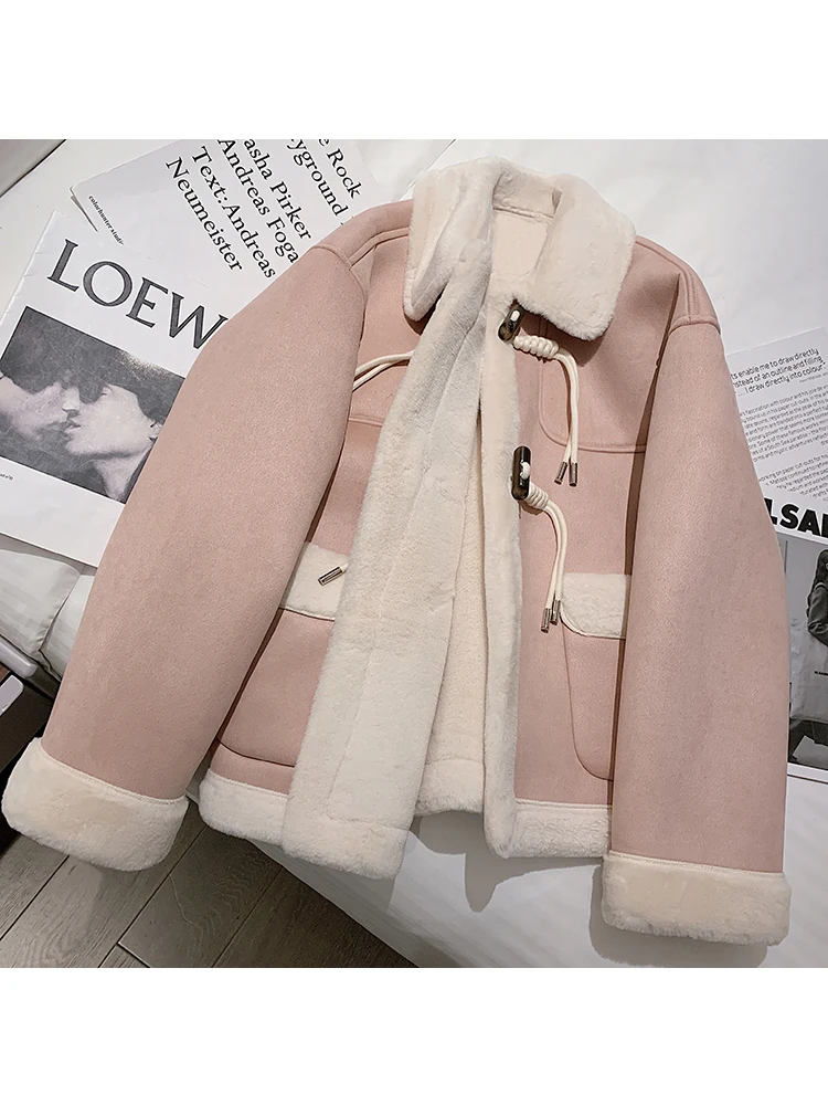 

2022 Winter Suede Jacket for Women Oversized Zipper Pockets Thickened Warm Coat Preppy Style Patchwork Loose Clothing