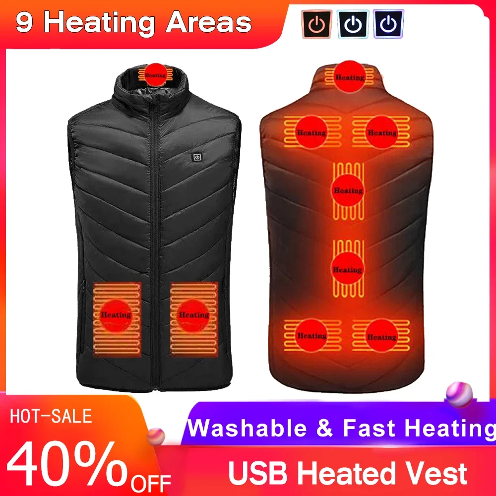 9 Places Heated Vest Winter Electric Heating Vest Washable Heating Jacket Thermal Clothing Hunting Winter Jacket