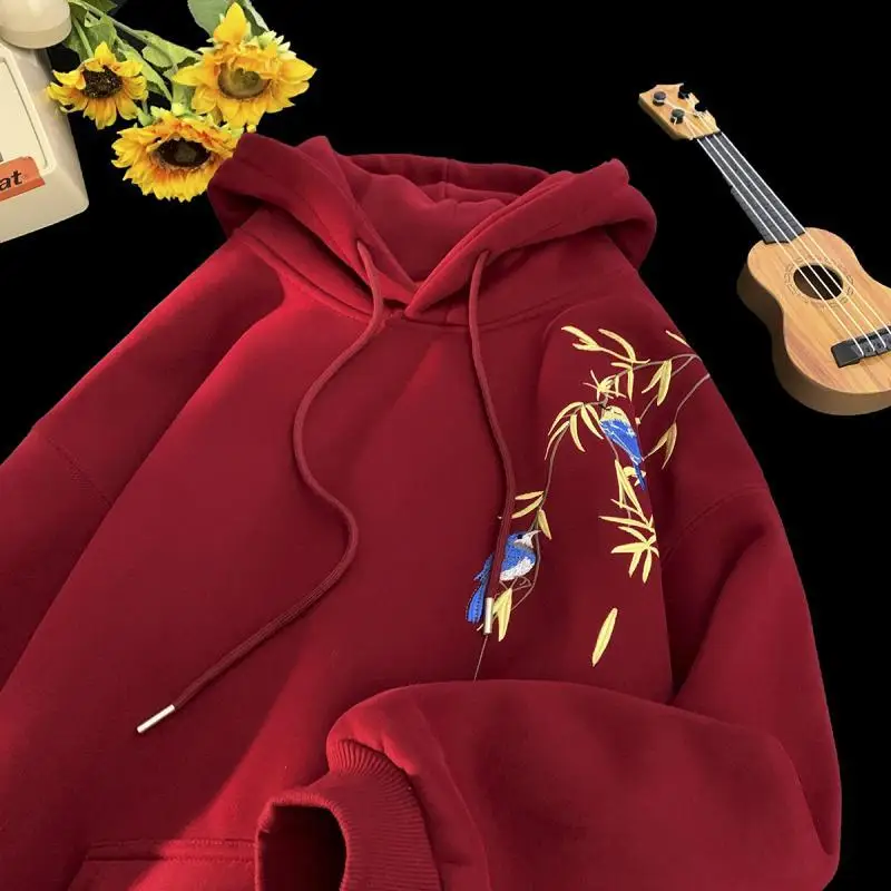 

New Large Wine Red Heavy Embroidered Sweater Men Spring and Autumn Clothes Trendy Brand Plush Thickened Chinese Style Top Ins