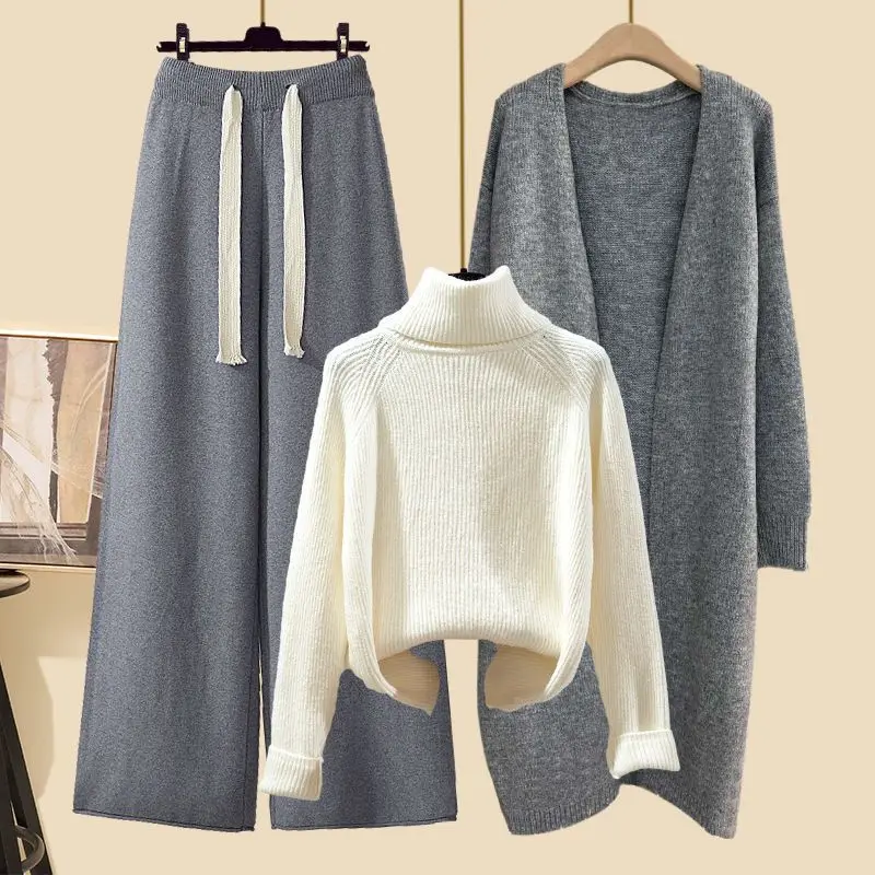 Autumn Winter Outfits Women's 2023 New Advanced Long Cardigan Coat High Neck Sweater with Wide Leg Pants Three Piece Suit