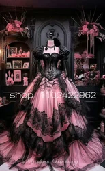 Black Pink Gothic Victorian wedding for Women Puffy Long Sleeve Bustle corset fairy bridal gown halloween costume