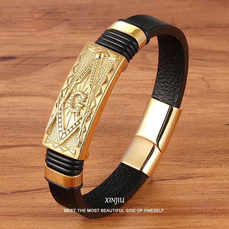 

XinJiu fashion trend boys jewelry Shield brand stainless steel leather bracelet men's braided leather rope punk style personali