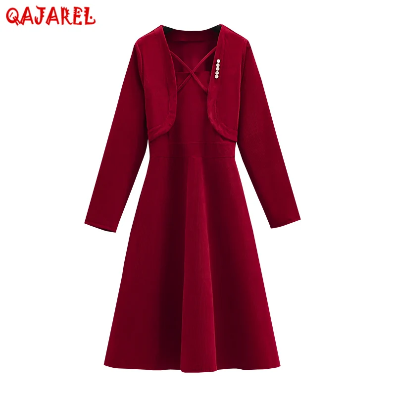 

Femal Red Corduroy Square Collar Sexy Midi Dress 2023 Elegant Bodycon Casual Dress Autumn Winter Thick Warm Korean Vintage Dress