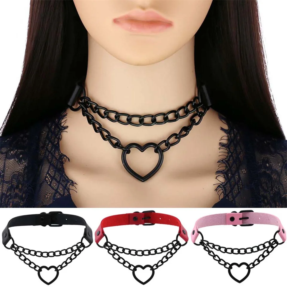 Set Di 4 Collane Choker Gothic In Pelle PU Con Ciondolo Cuore - Regolabili - Nero, Bianco, Rosa, Rosso - Punk Rock Donna