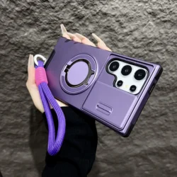 Universal Smartphone Case with Lanyard, Ring Stand, and Slide Camera Protector for Galaxy A23 5G (Purple)