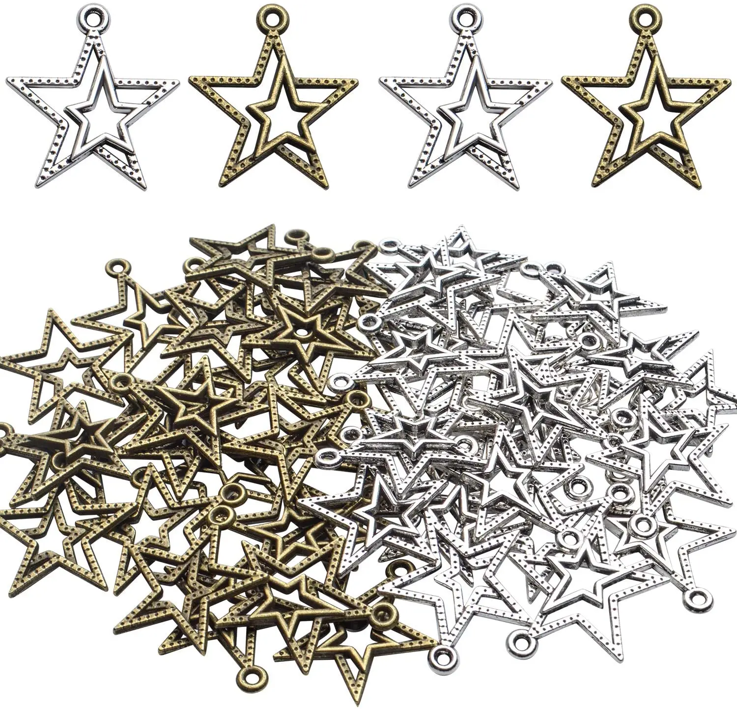 

50pcs Tibetan Pentagram Star Charms Vintage Alloy Double Star Shape Pendants for DIY Jewelry Making Supplies, 2 Colors, 22x20mm
