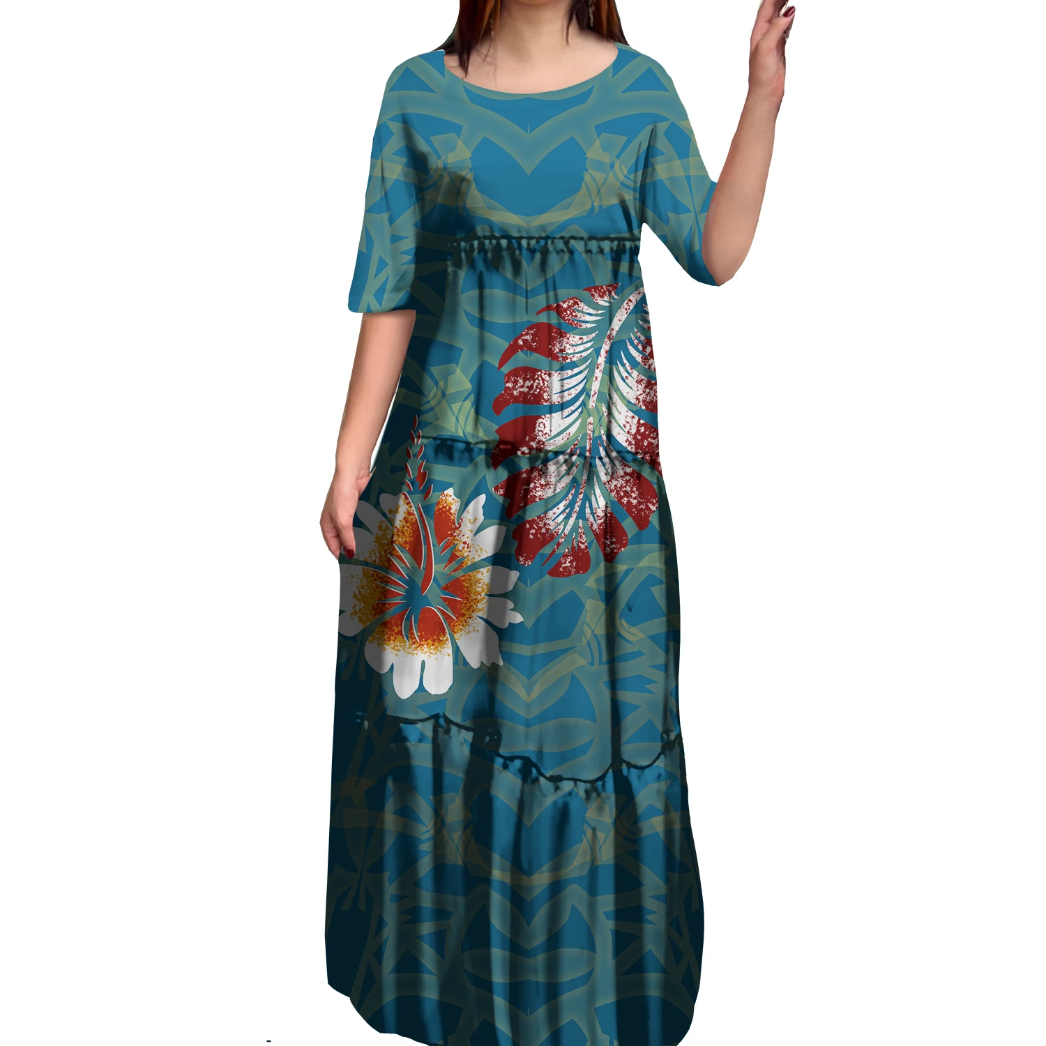 Anti-wrinkle 8XL Polynesian Milk Silk O-neck Tiered Dress Hot