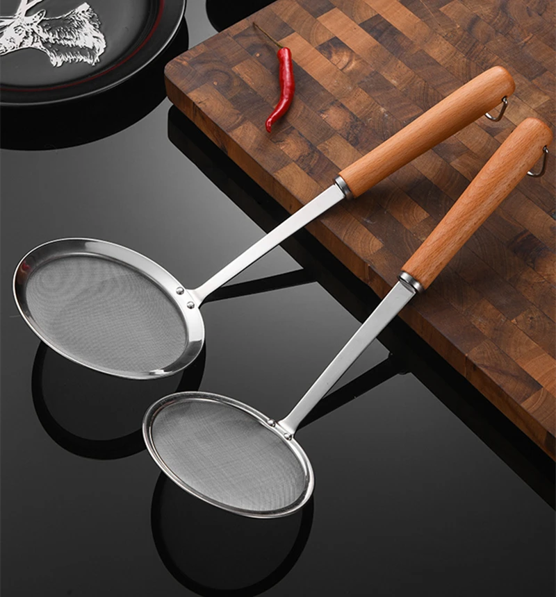 Stainless Steel Fine Mesh Strainers Filter Spoon Hot Pot Skimmer Ladle with Wooden Handle Frying Scoop Noodles Dumpling Sieve