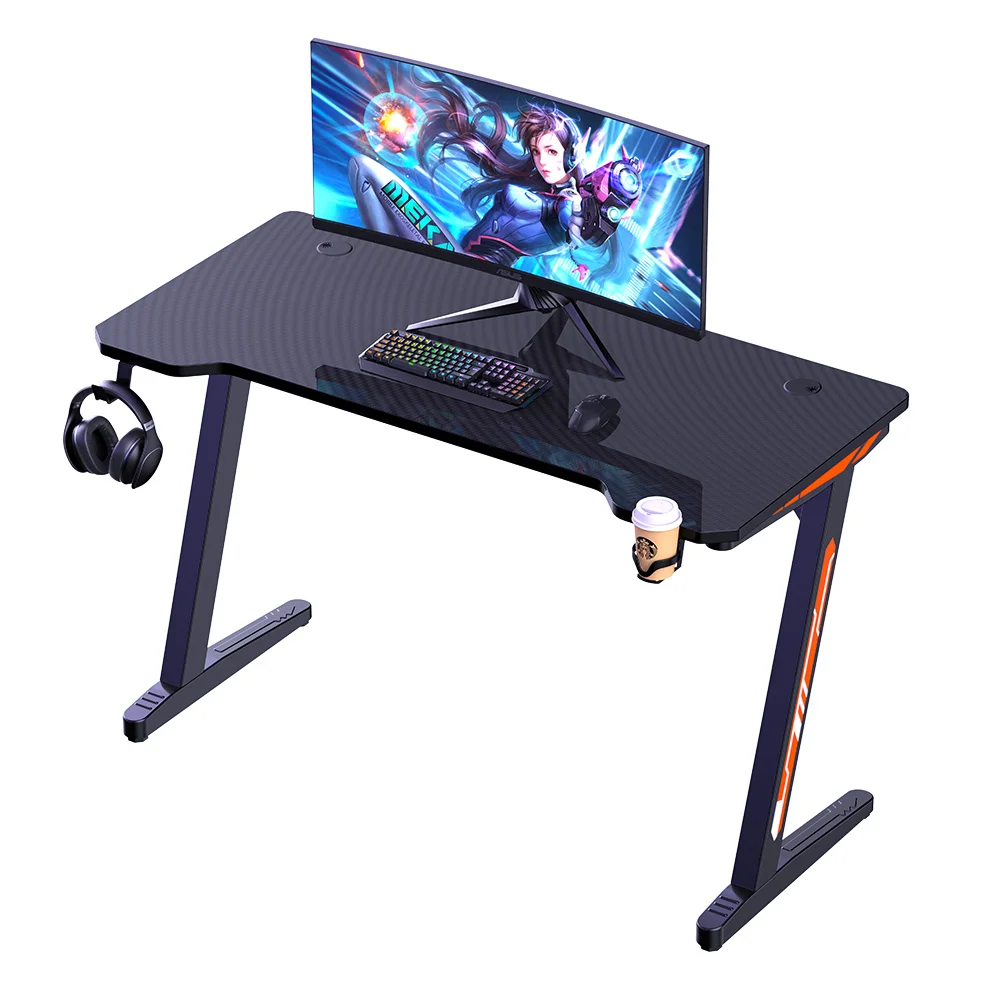 

Оптовая продажа с фабрики, высокое качество, RGB, игровое бюро, черный игровой компьютерный стол на заказ, светодиодный стол для игр с гарнитурой и вешалкой для чашек