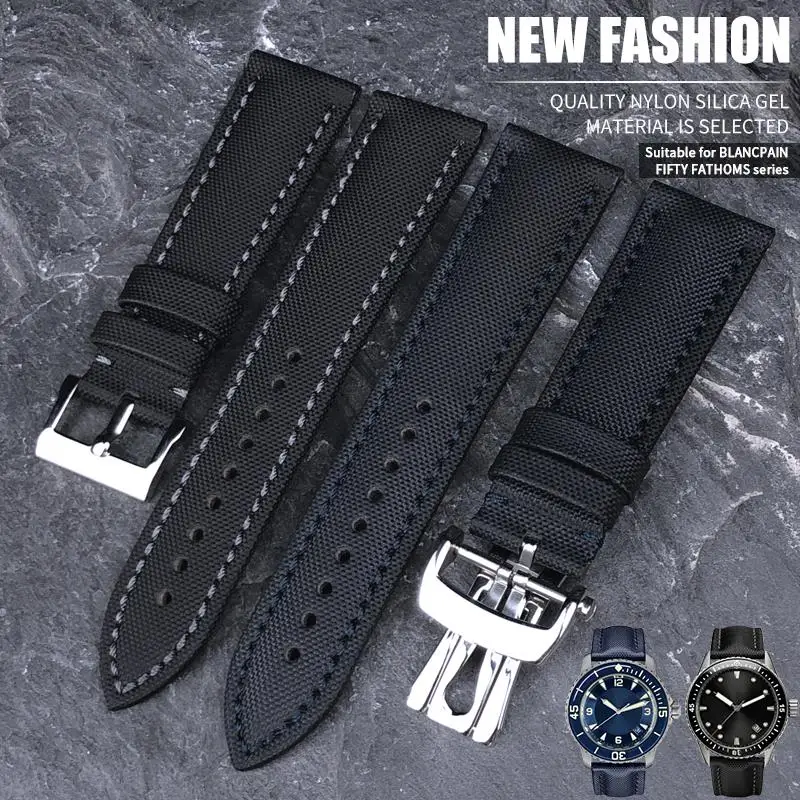 SCHIK 23mm High Density Canvas Nylon Leather Watch Band Special For Blancpain Fifty Fathoms 5000 5015 Strap Butterfly Buckle
