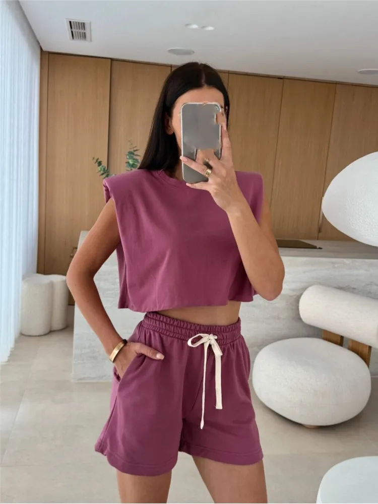 Casual Woman 2 Piece Set Outfit New Summer Solid Fashion Sleeveless Tops Short Pant 2 Pieces Set For Woman Holiday Women Clothes