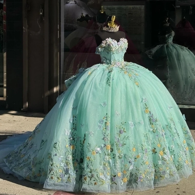 

Real Picture Mint Green Siny Sweet 16 Girls Quinceanera Dress For 15 Party Princess Appliques Flowers Birthday Party Dress Proms