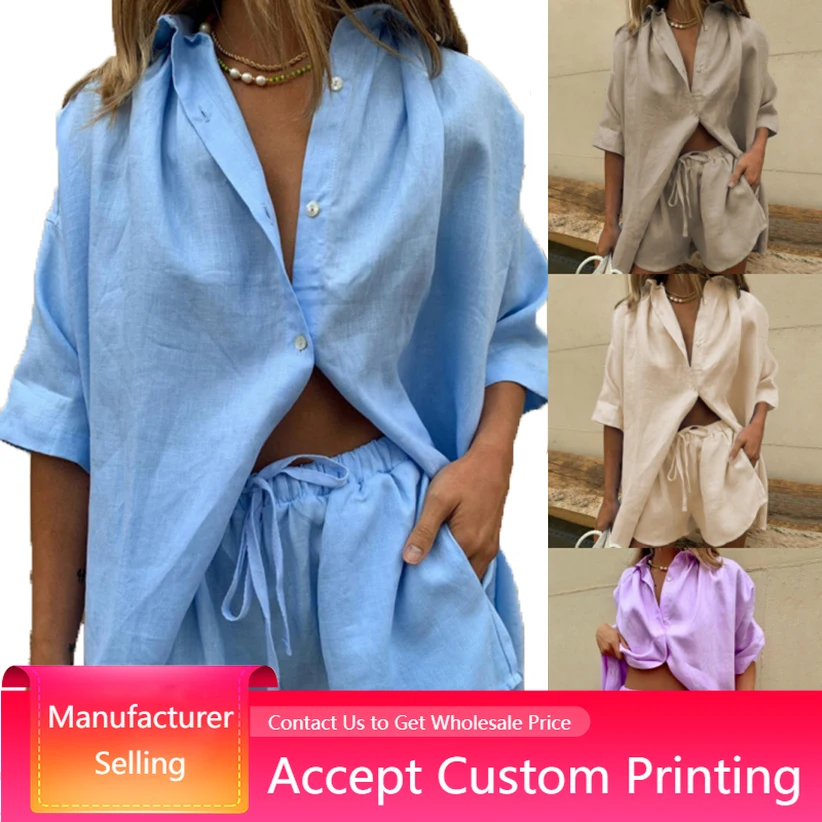 Женский повседневный комплект из 2 предметов, Однотонная рубашка с отложным воротником и однобортные шорты с коротким рукавом, летние брючные комплекты