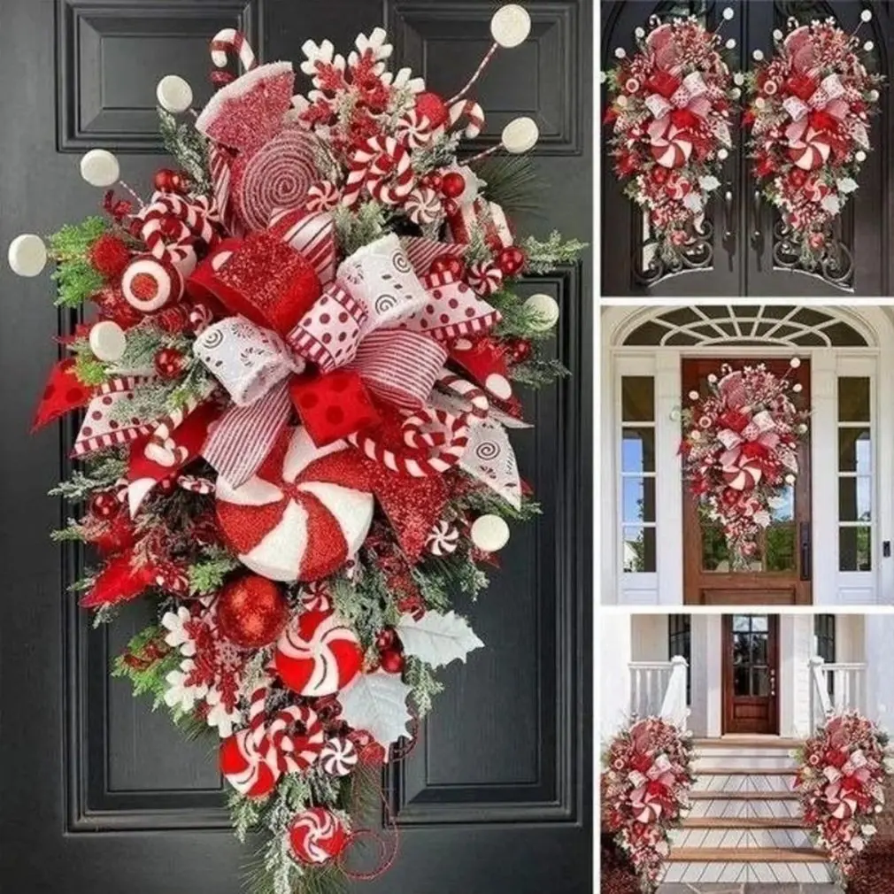

2023 New Christmas Wreaths Candy Upside Down Hanging Ornaments Front Door Wall Decor Merry Christmas Tree Home Decor Wreaths