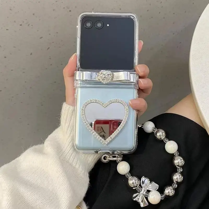 Luxury Plating Beads Bracelet Chain Case  For Samsung Galaxy Z Flip 6 5 4 3 5G Heart Mirror Transparent Protector Cover_voghion.com