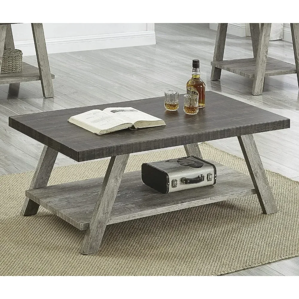 Roundhill Furniture Athens Contemporary 3-Piece Wood Shelf Coffee Table Set, 24D x 48W x 19H in, Walnut and Gray 4