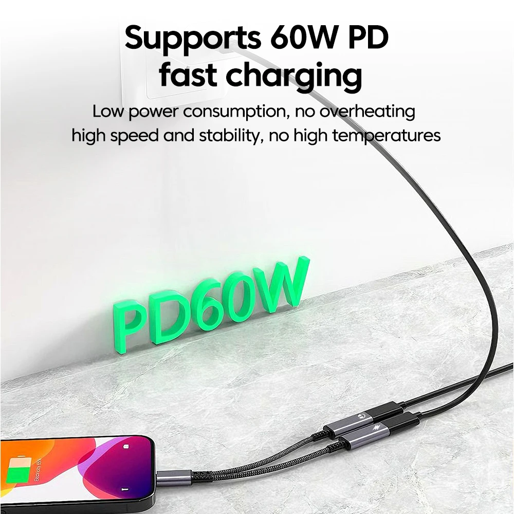 타입-C 듀얼 타입-C 헤드폰 잭 오디오 케이블 2 in 1 PD60W 고속 충전 OTG 어댑터 아이폰15 16 삼성 태블릿 노트북용