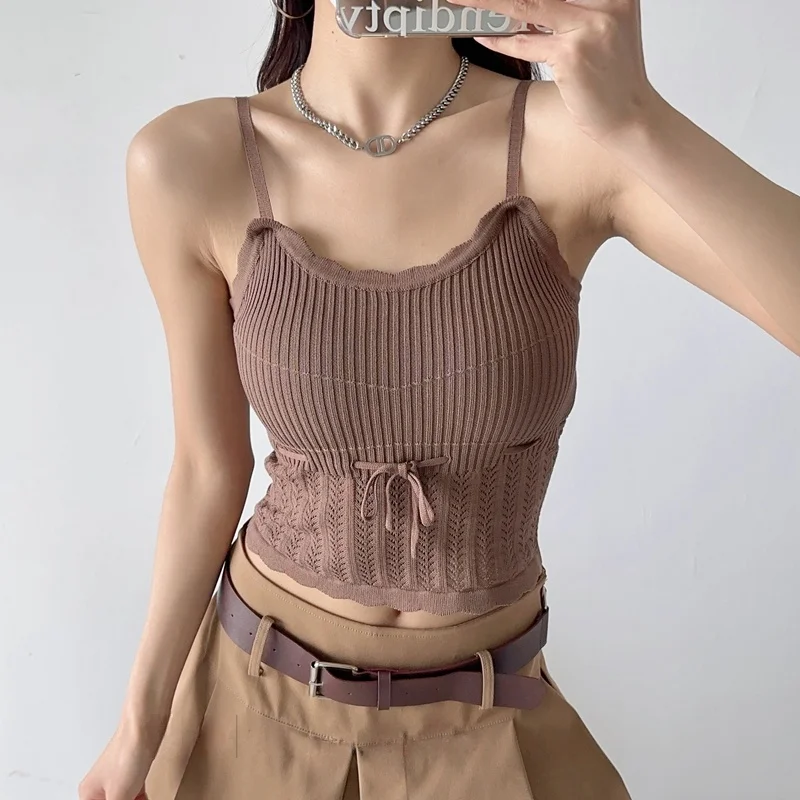 면화 바다 프랑스 스타일 복고풍 밀 중공 니트 슬링 조끼 순수 원하는 Drawstring 슬리밍 웨이브 레이스 조끼