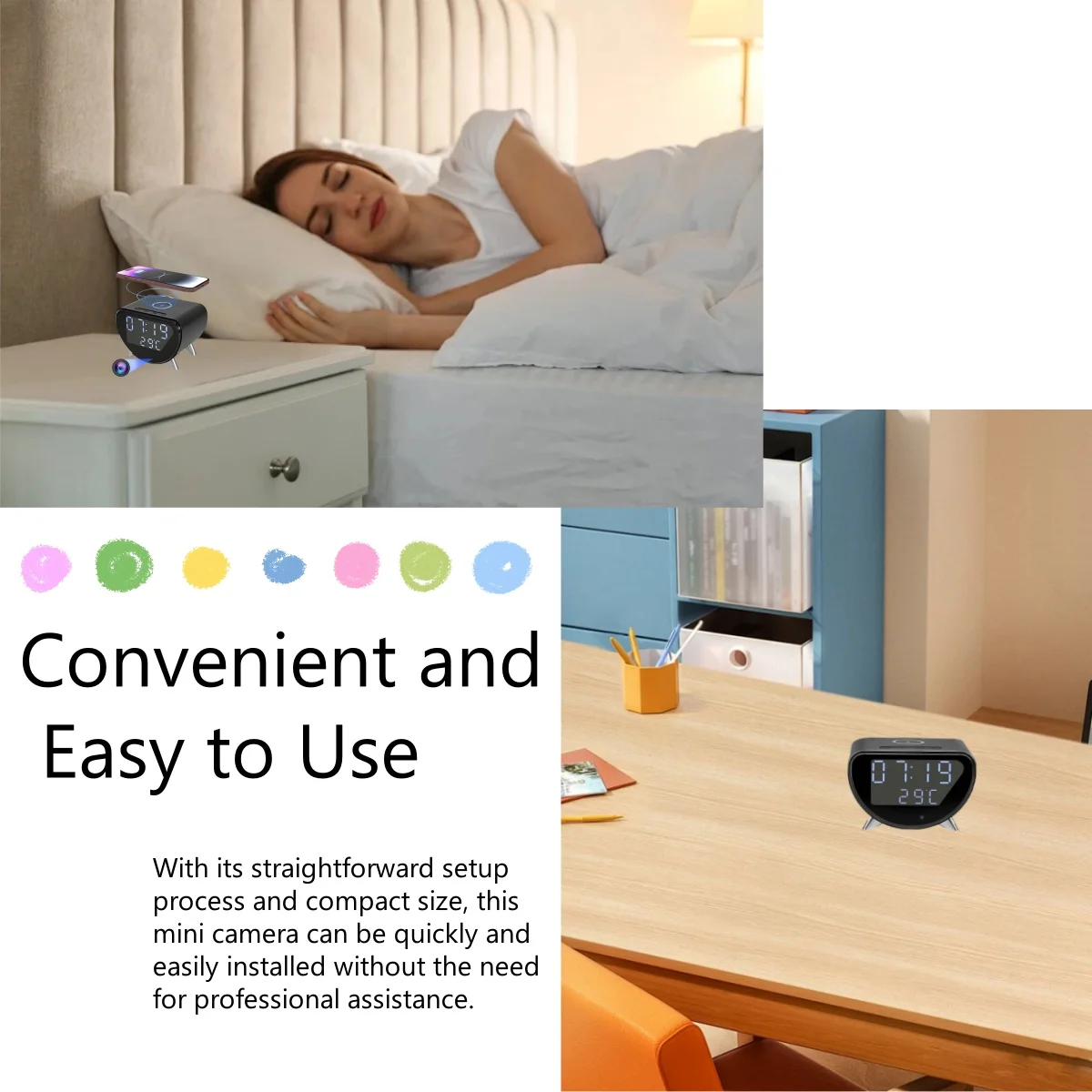 كاميرا ساعة المنبه موضوعة بجانب الهاتف على الشاحن اللاسلكي