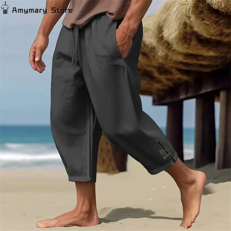 New Summer Men's Casual Pants Solid Color Elastic Waist Pockets Loose Nine-minute Pants Sports Breathable Wide-leg Harem Pants