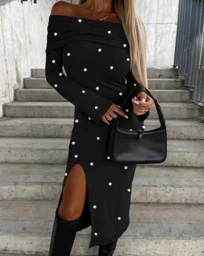 

2023 Autumn and Winter New Fashion Dress for Women Sexy Print Off Shoulder Long Sleeve Mid Calf Slit Skinny Daily Medium Stretch