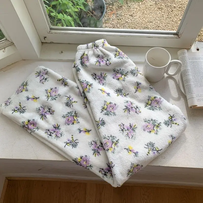 

Модные милые пижамные штаны с цветочным принтом из кораллового бархата для сна зимние Утепленные теплые Пижамные брюки Y2k для девочек Harajuku