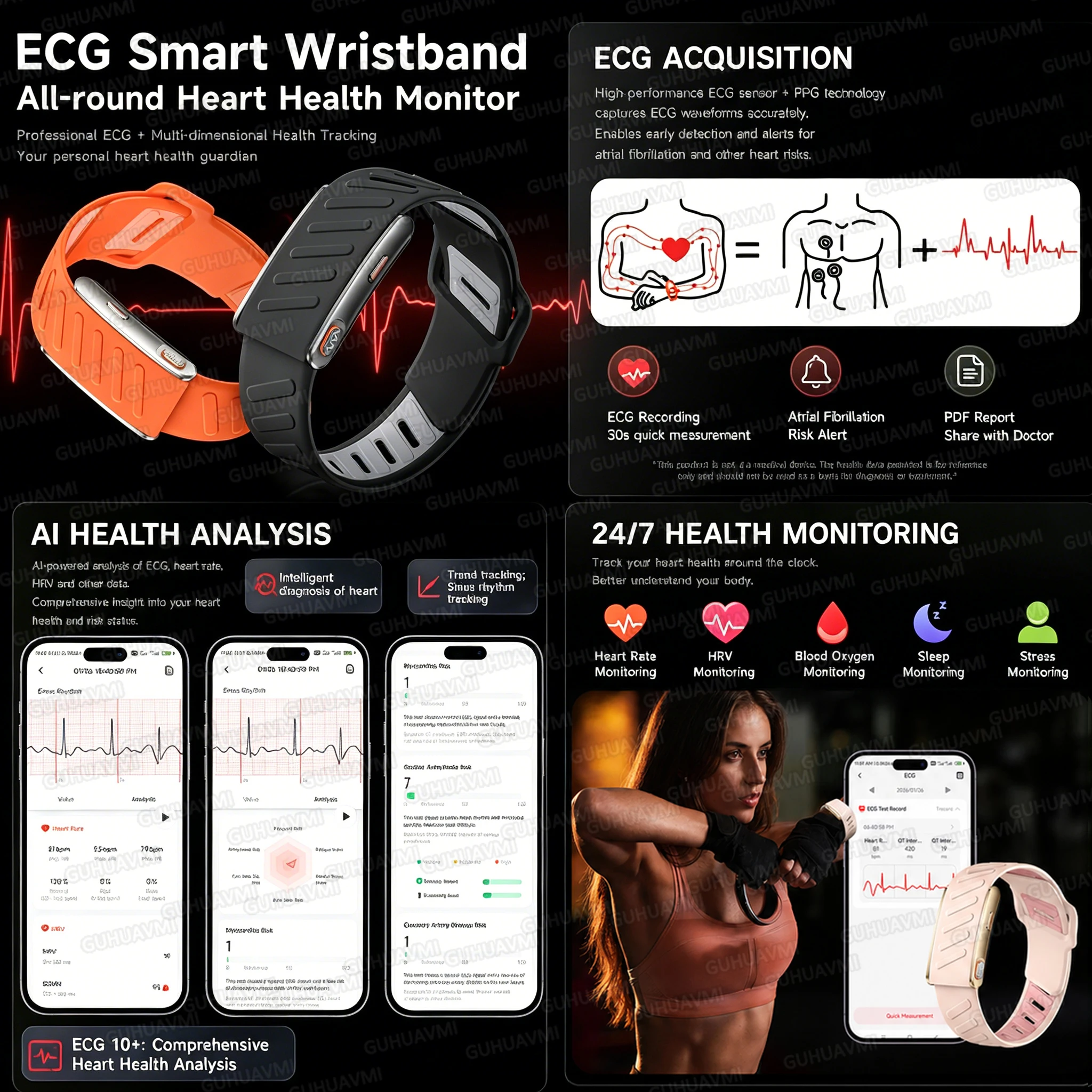 지능형 건강 시계 밴드 ECG 24시간 심박수 혈중 산소 모니터 120+ 스포츠 모드 피트니스 트래커 손목밴드 남녀공용
