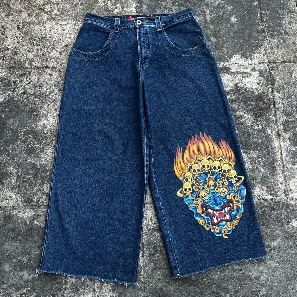 

JNCO Jeans Men Harajuku Hip Hop Skull Printing Blue Baggy Jeans New Gothic Fashion High Waist Wide Trouser Boyfriend Denim Jeans