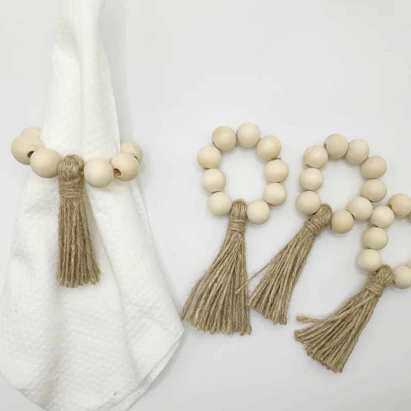 Wooden Beads Napkin Ring Garland Tassels Table Napkin Holder 6/12 Pack