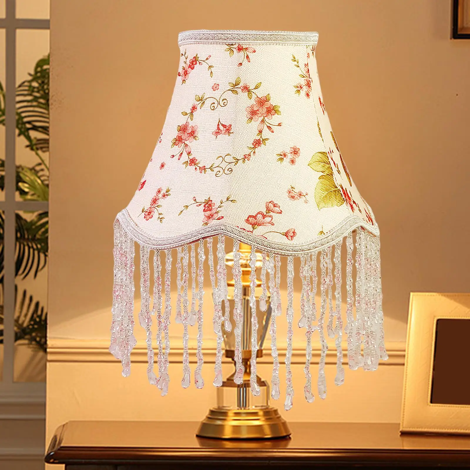 European Lampshade Lamp Shade with Fringe Beads Table Lampshade Cloth Art Bead