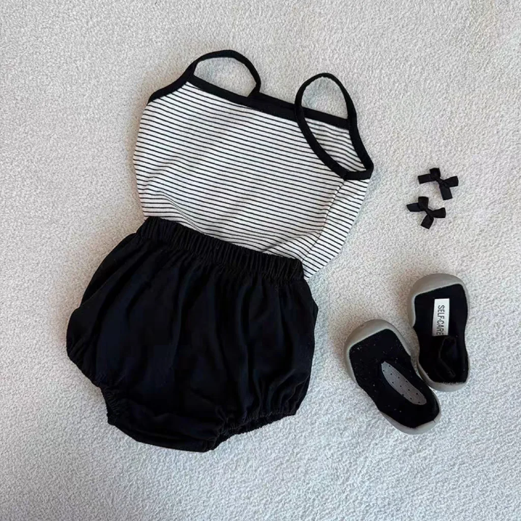 Description Picture 5 of item2025 Summer New Baby Sleeveless Clothes Set Infant Girl Striped Sling Vest + Shorts 2pcs Uit Thin Breathable Toddler Outfits