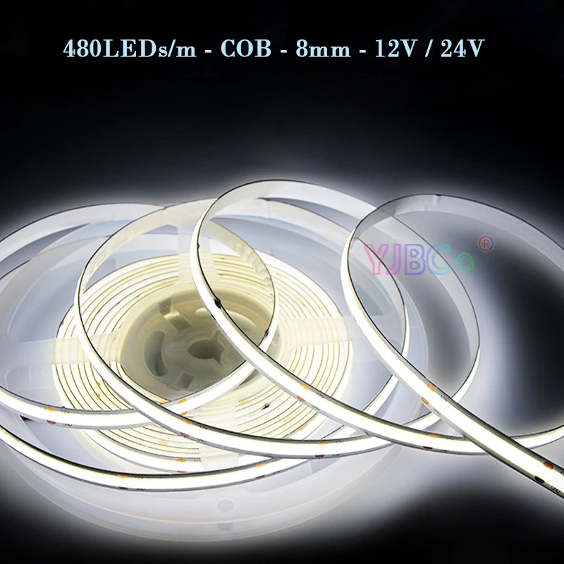 

12V 24V 5M White/Warm white/Natural White/Blue/Red/Green COB LED Strip 480LEDs/m Flexible single color FCOB Lights Tape 8mm PCB