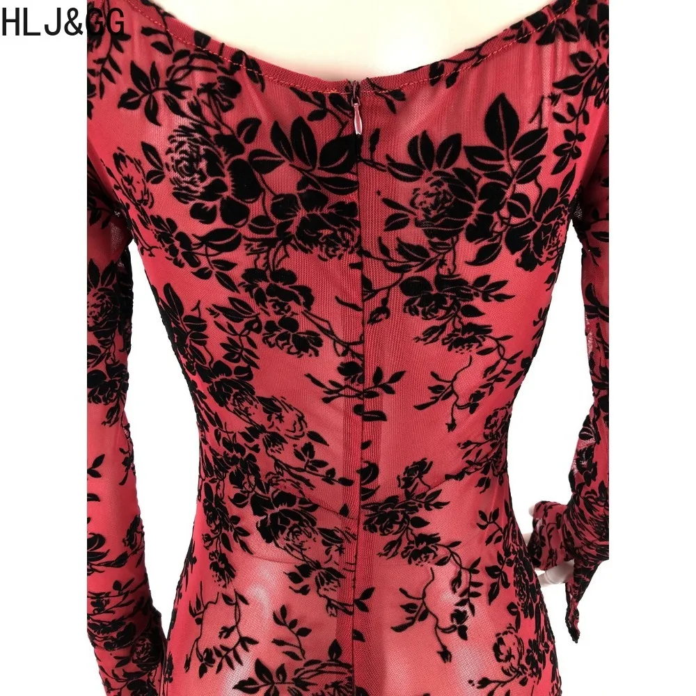 HLJ&GG Sexy Off Shoulder Print Velvet Jumpsuits Women Long Sleeve Bodycon Playsuits Female Party Nightclub One Piece Overalls