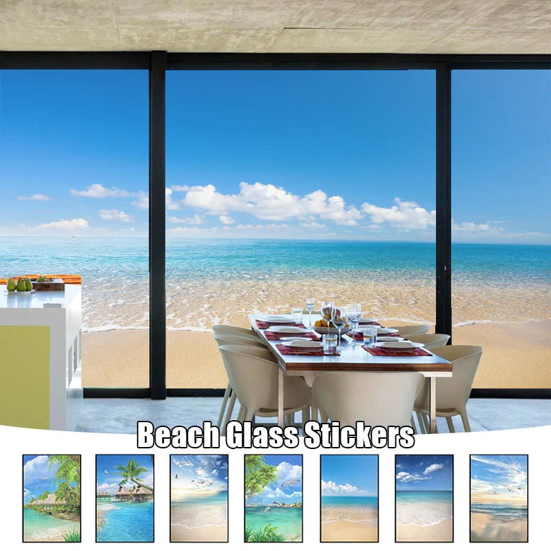 

Sea Sunset Landscape Pattern Privacy Window Film Static Clings Frosted Glass Film Beach Ocean Scenery Stained Window Sticker