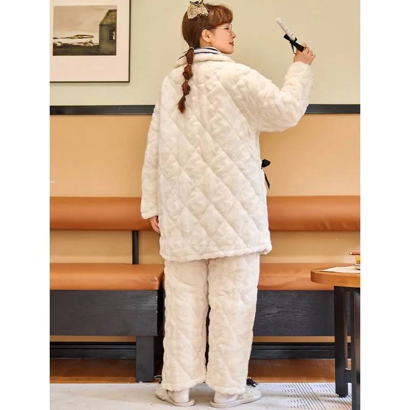 2024 New Pajama Women Winter Coral Velvet Sleepwear Plus Thick Velvet Three-layer Padded Loungewear Warm Suit Cute Homewear