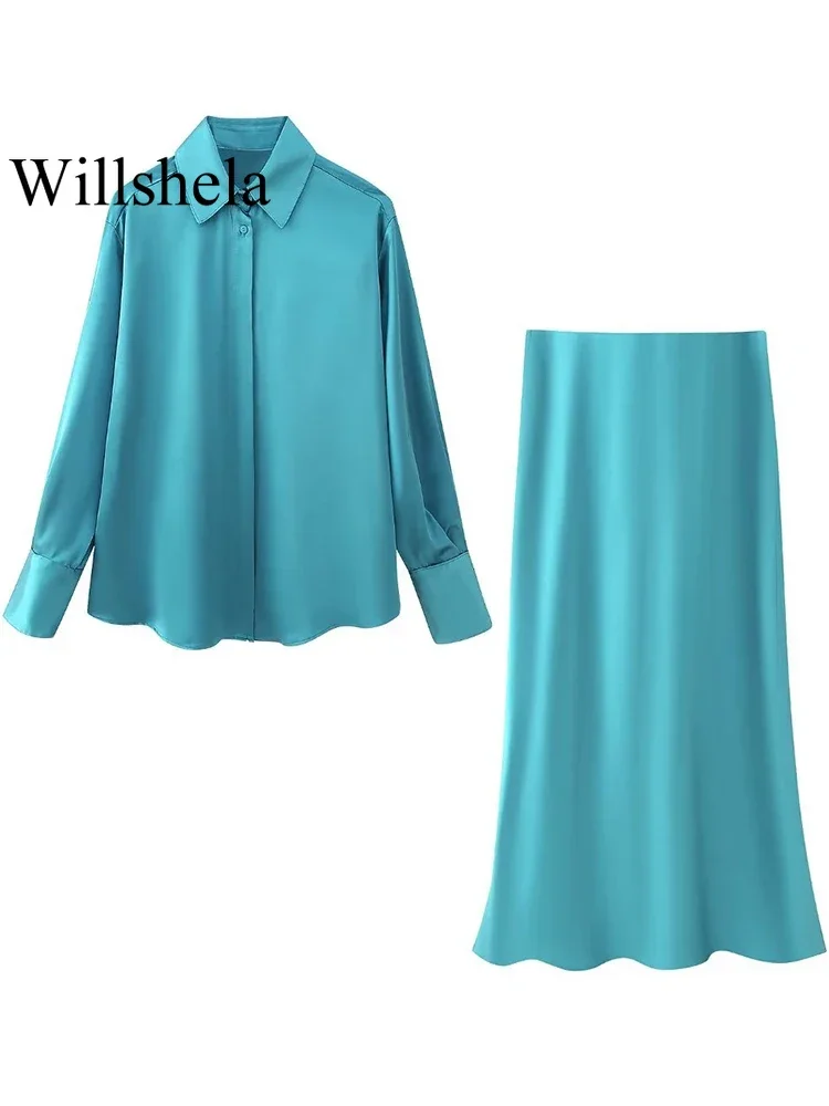 

Willshela Women Fashion 2 Piece Sets Satin Blue Single Breasted Blouse & Vintage High Waist Midi Skirt Female Chic Skirts Set