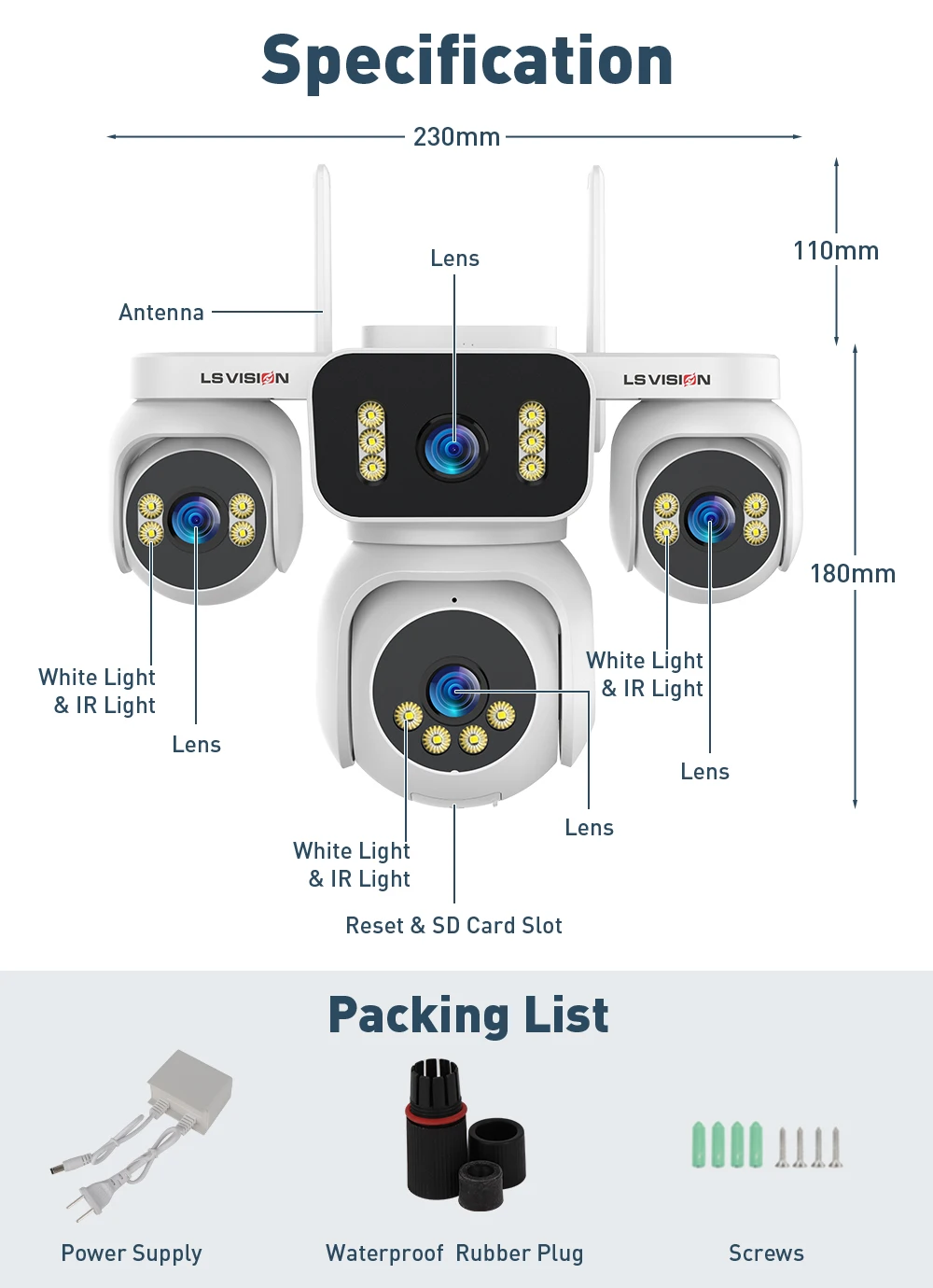 20MP IP Camera with 5m Cord 12X Zoom WiFi Security Cameras 4 Screens Night Visio