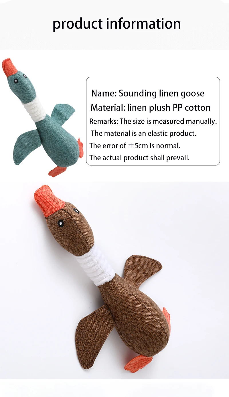 Jouet pour chien en peluche couinant en forme d'oie sauvage.