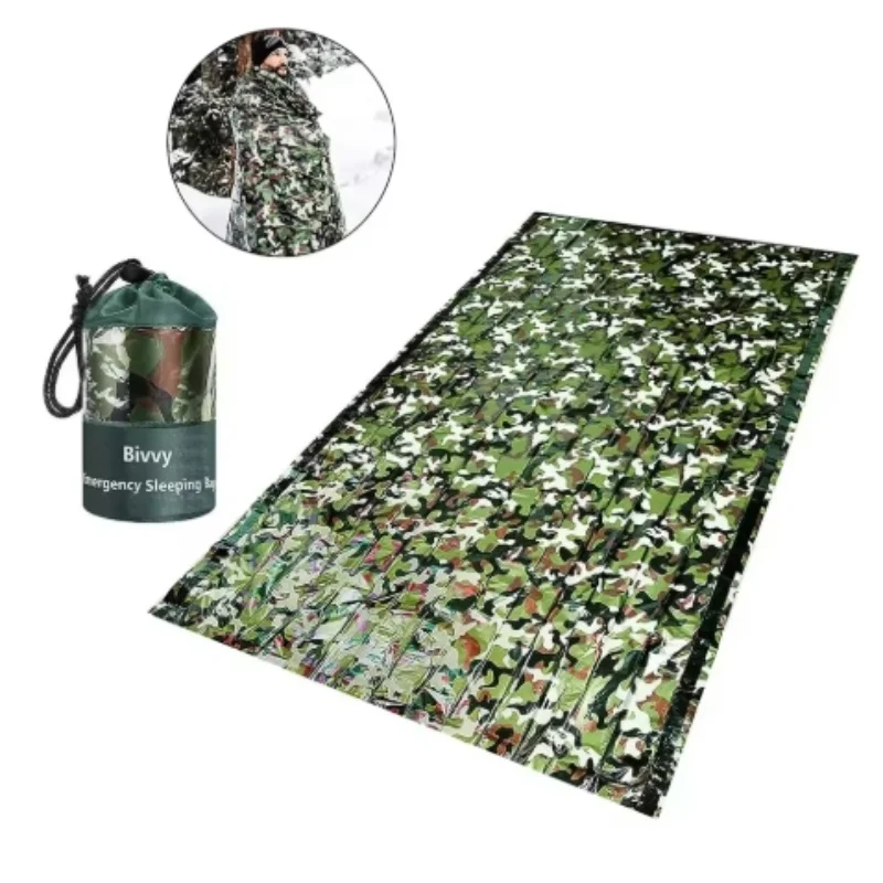 Sleeping Bag PE Emergency Camouflage Waterproof Portable 120x200cm for Outdoor Camping Hiking Adventure