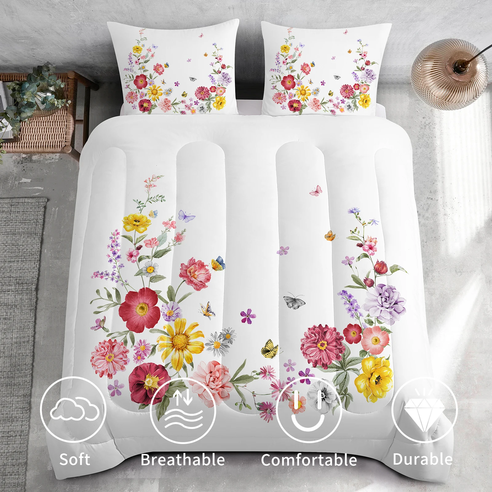 3pcs 100% Microfiber Colorful Flower Print All Season Bedding Set Skin-friendly Comforter For Bedroom Guest Room Decor