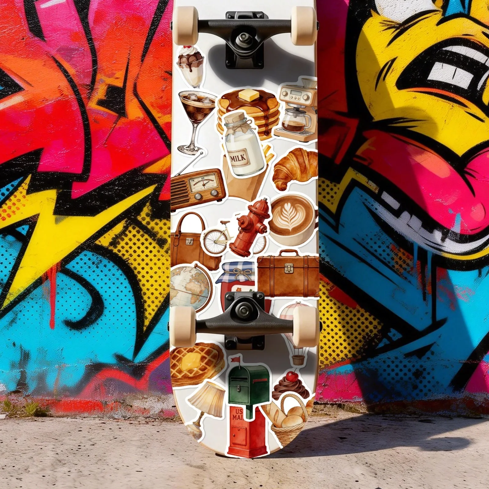 50Pcs 빈티지 일상용품 식품 믹스 스티커 반복 없음 방수 데칼 전화 기타 피아노 보관 상자 냉장고 스크랩북