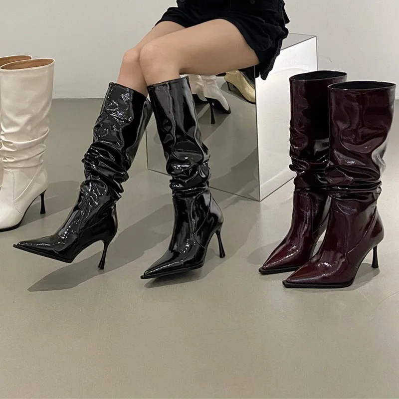 

Winter Women Long Boot Fashion Pleated Slip On ladies Knee-High Boots Shoes Thin High Heel Pointed Toe Chelsea Black Pumps