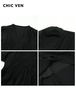CHIC VEN Women Dresses French Style Vintage V-neck Puff Sleeve Long Dress Solid Black Loose Female Clothing Summer New 2023 - Image 4