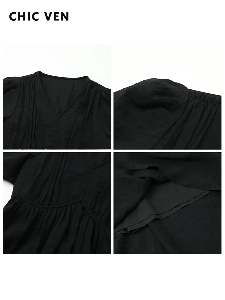 CHIC VEN Women Dresses French Style Vintage V-neck Puff Sleeve Long Dress Solid Black Loose Female Clothing Summer New 2023 4