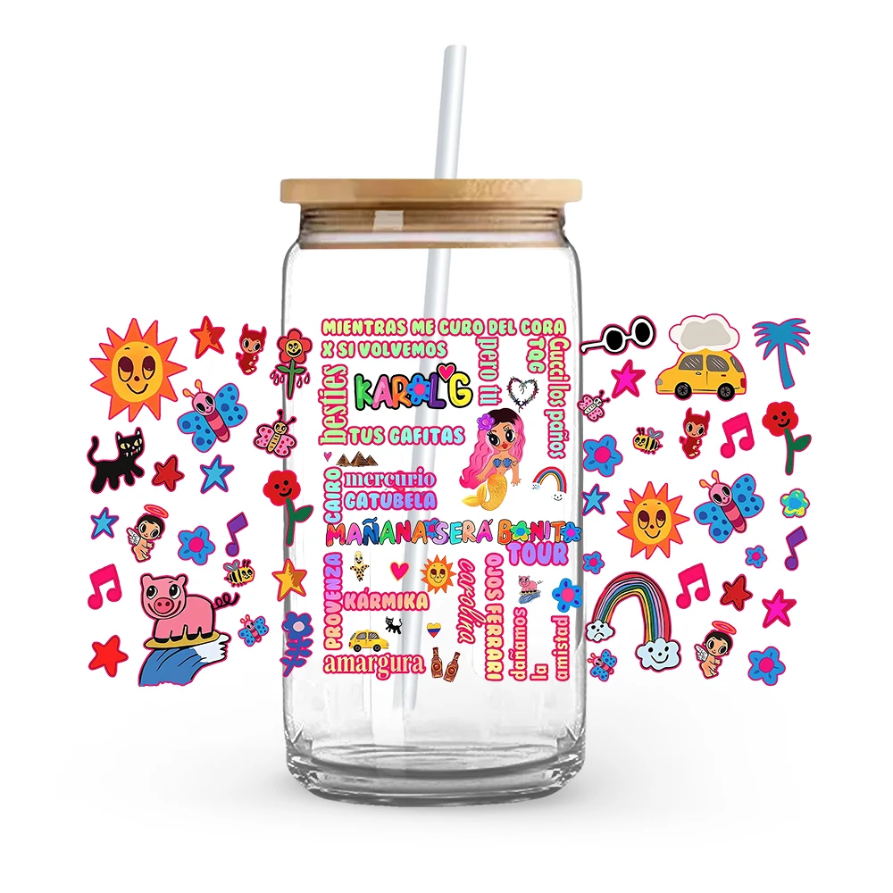 Glass Cup Film KAROL G Cartoon Mermaid Princess Graffiti 16oz DTF Printing Supplies Printable Self-adhesive Waterproof