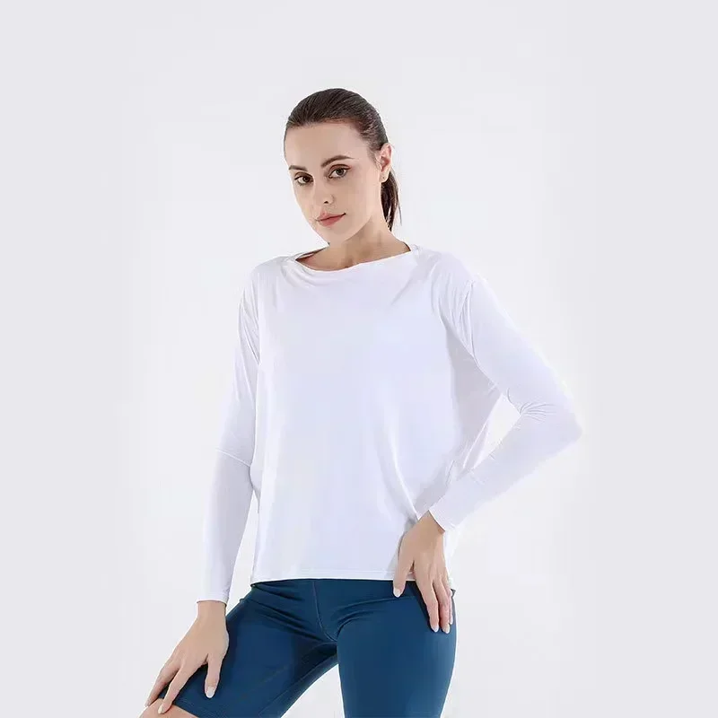 Lemon Women Summer Breathable Comfortable Sports Solid Color Round Neck Long Sleeve Gym Running Fitness Dance Loose Yoga Top