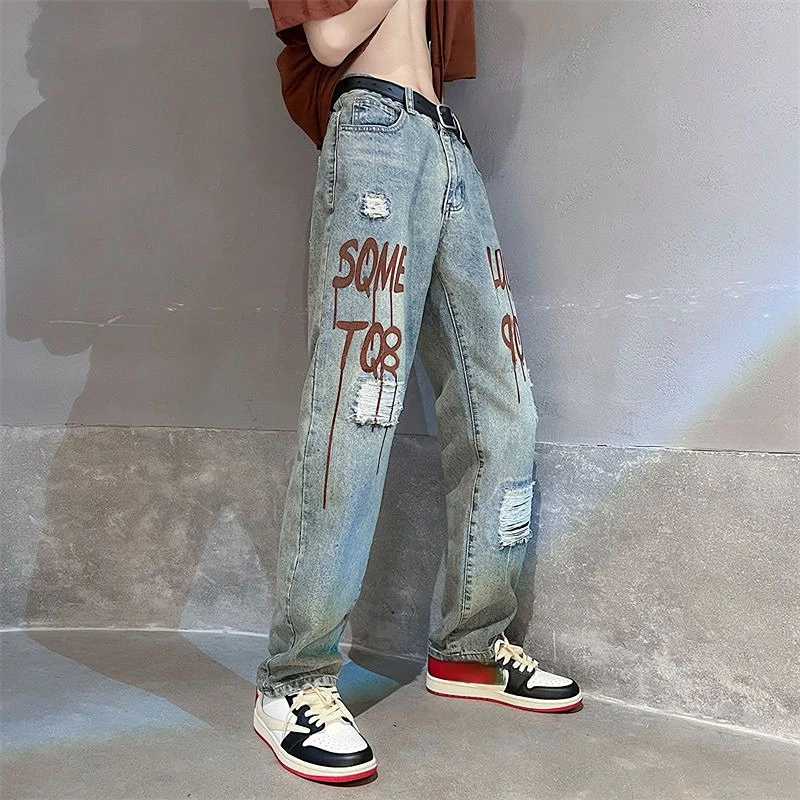 thumbnail image 1 of Pantalones vaqueros para hombre azul claro rotos tendencia 2024 pantalones vaqueros para hombre grunge y2k rectos con agujeros sueltos hip hop retro rotos xs, 1 of 5