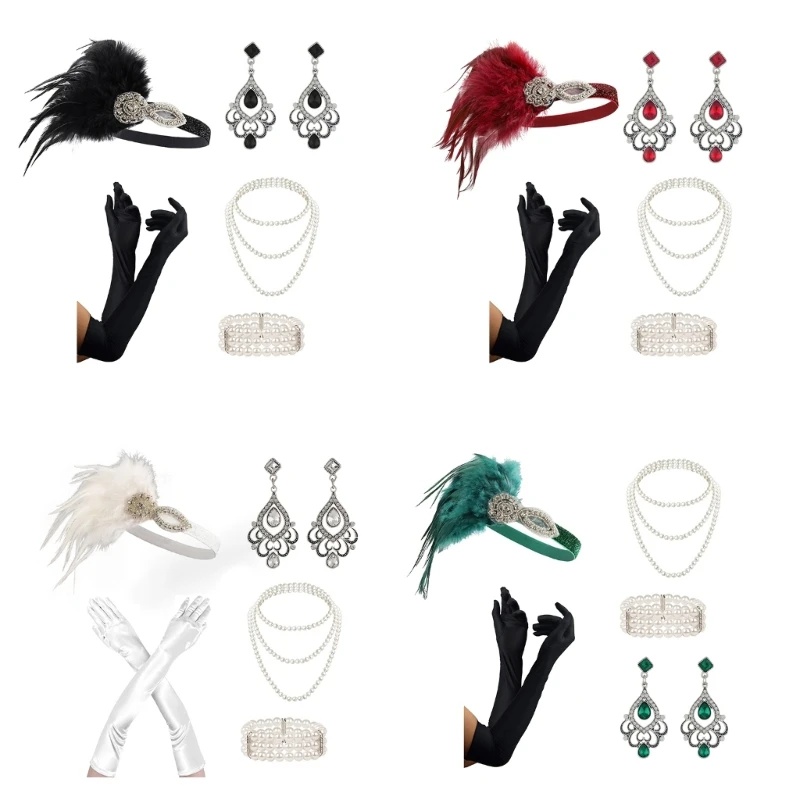 

Girl Feather Headband Medieval Gloves with Earring&Pearl Necklace&Bracelet Set
