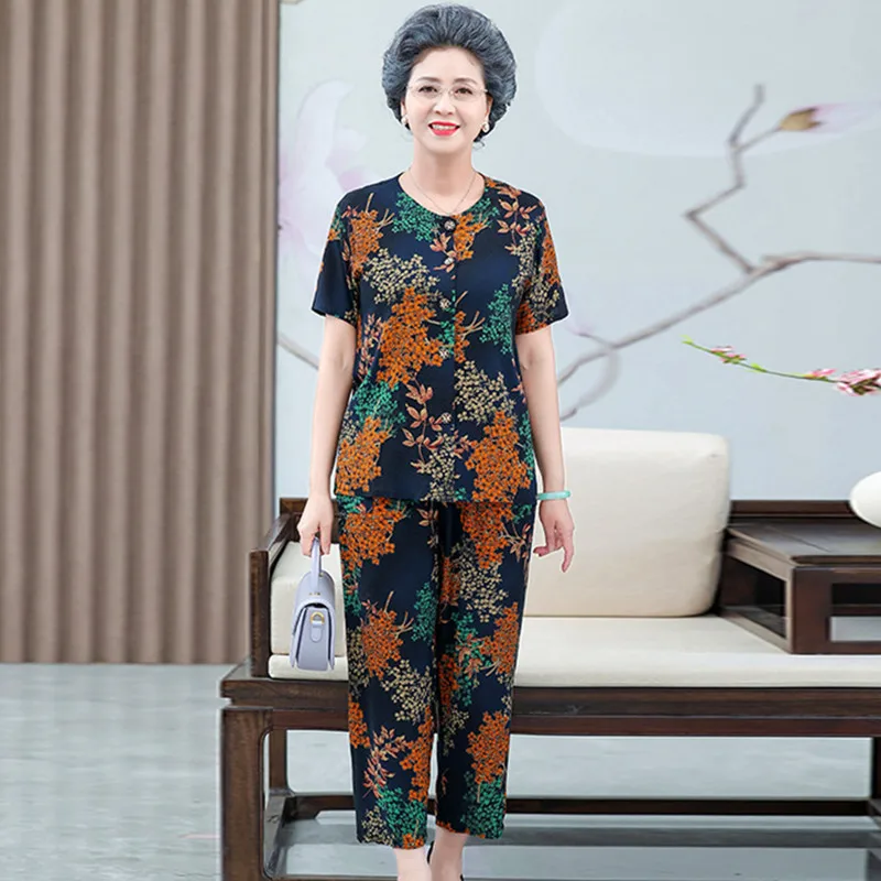 Summer Middle-Aged Mother Outfit Short Sleeved Cardigan Two Piece Set Grandma's Clothing Cotton Home Wear Pant Suit For Women