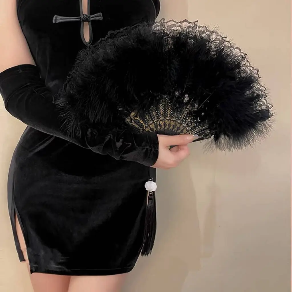 Folding Fan Hand Fan Chinese Style Vintage Foldable Hand Fan Feathers Lace Folding Handheld Fan for Sexy Dance Wedding Decoration Party Favor Gifts